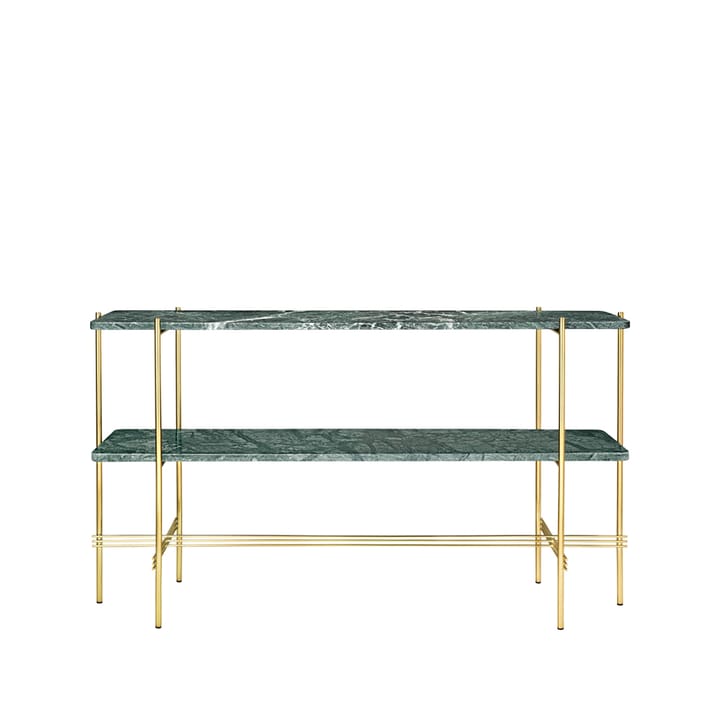 TS Console table 120x30x72 cm - πράσινο μάρμαρο Γουατεμάλας, ορείχαλκη βάση, 2 ράφια από μάρμαρο - GUBI