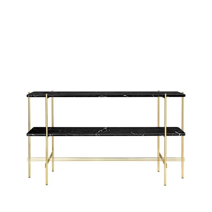 TS Console table 120x30x72 cm - μάρμαρο black marquina, ορείχαλκη βάση, 2 μαρμάρινα ράφια - GUBI