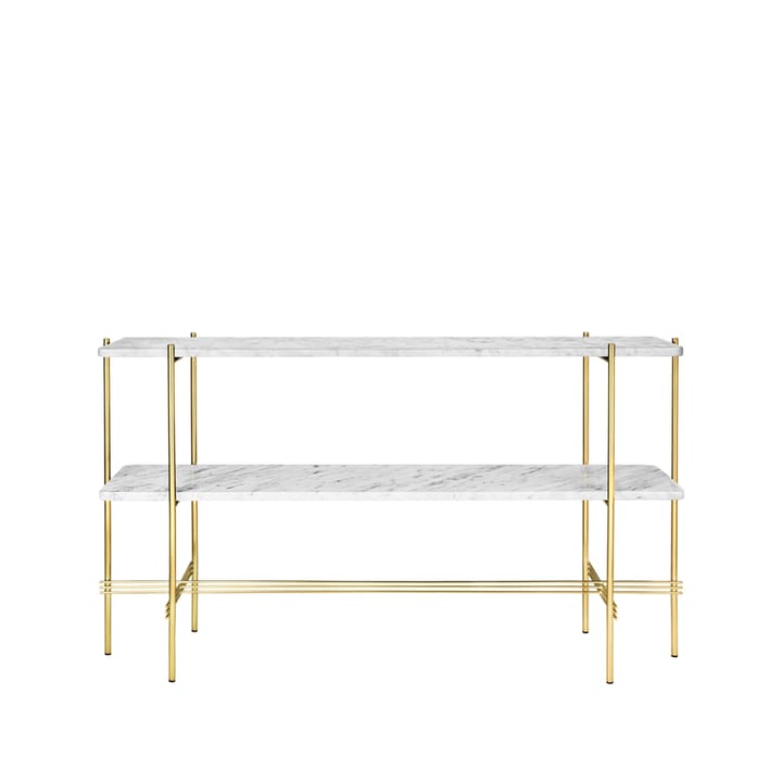 TS Console table 120x30x72 cm - λευκό μάρμαρο Carrara-ορείχαλκη βάση-2 ράφια μαρμάρου - GUBI