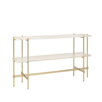 TS Console table 120x30x72 cm - Natural white τραβερτίνι, ορείχαλκη βάση, 2 μαρμάρινα ράφια - GUBI