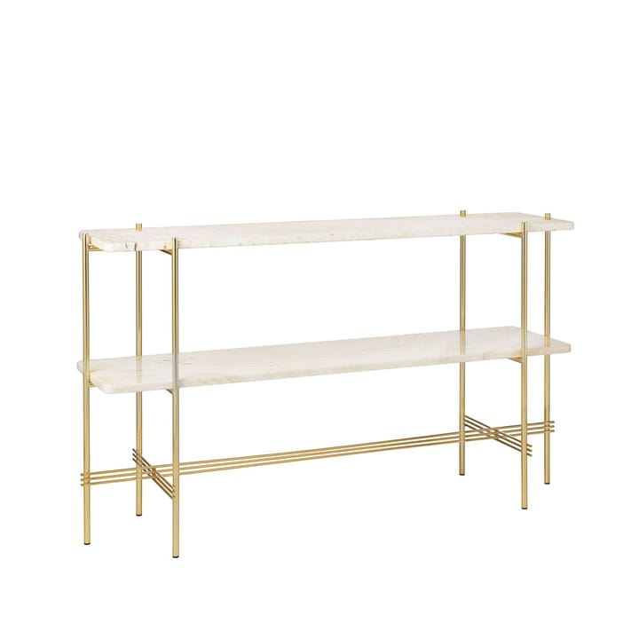 TS Console table 120x30x72 cm, Natural white τραβερτίνι, ορείχαλκη βάση, 2 μαρμάρινα ράφια GUBI