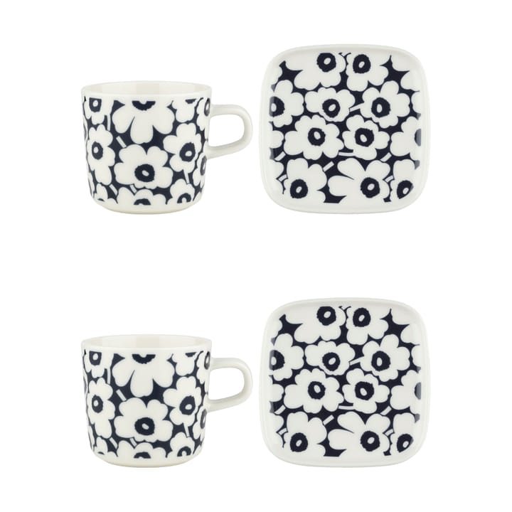 Σετ φλιτζάνι και πιατάκι Pikkuinen Unikko 20 cl 4 τεμάχια - Dark blue-white - Marimekko