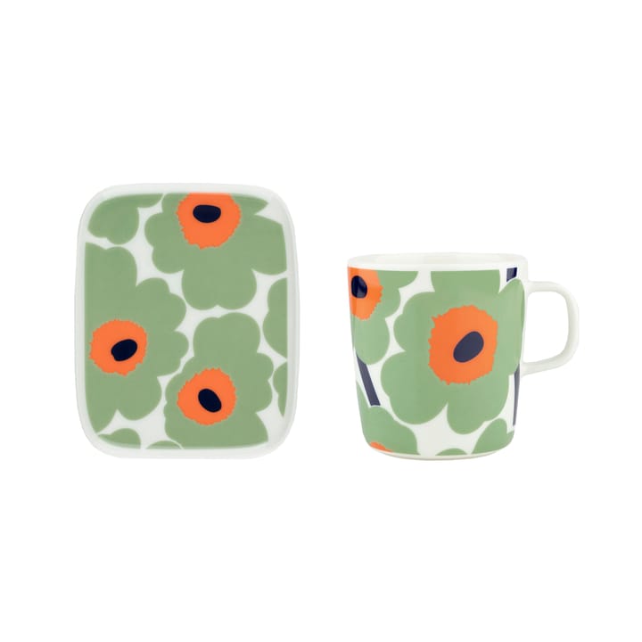 Unikko φλιτζάνι 40 cl + πιάτο 12x15 cm - White-sage-orange-dark blue - Marimekko