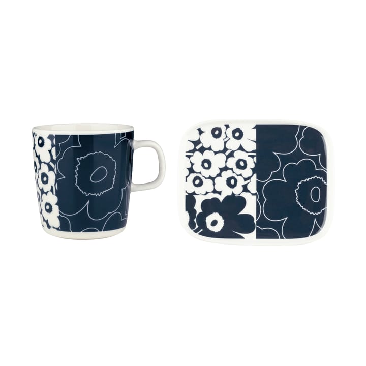 Unikko kollaasi δίσκος + φλιτζάνι 2 τεμάχια - White-dark blue - Marimekko