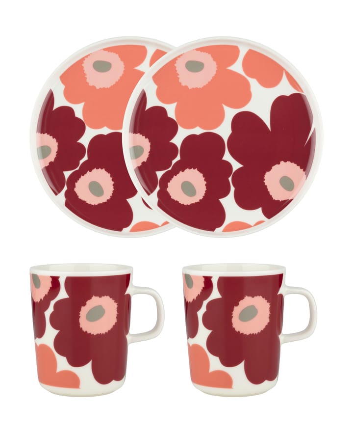 Unikko σετ πρωινού, White-dark cherry-salmon red Marimekko