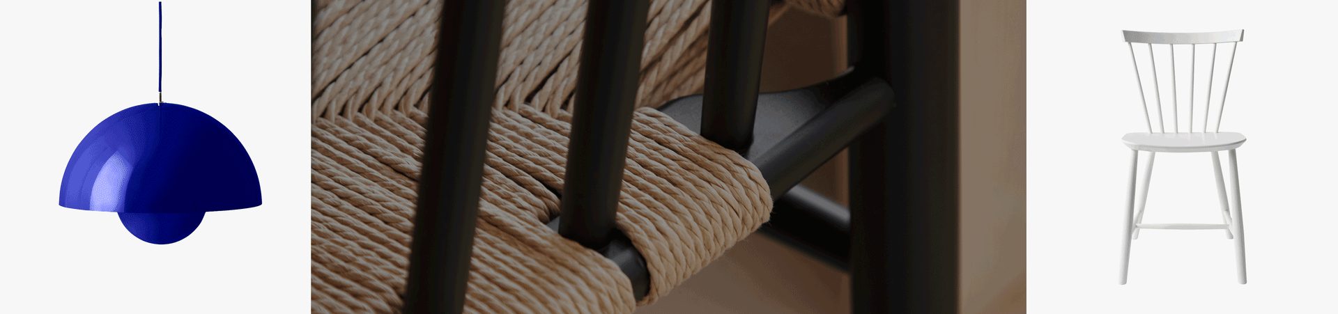 Μπλε κρεμαστό φωτιστικό, κοντινό καρέκλας με ψάθινο κάθισμα, λευκή ξύλινη καρέκλα με ράβδους.